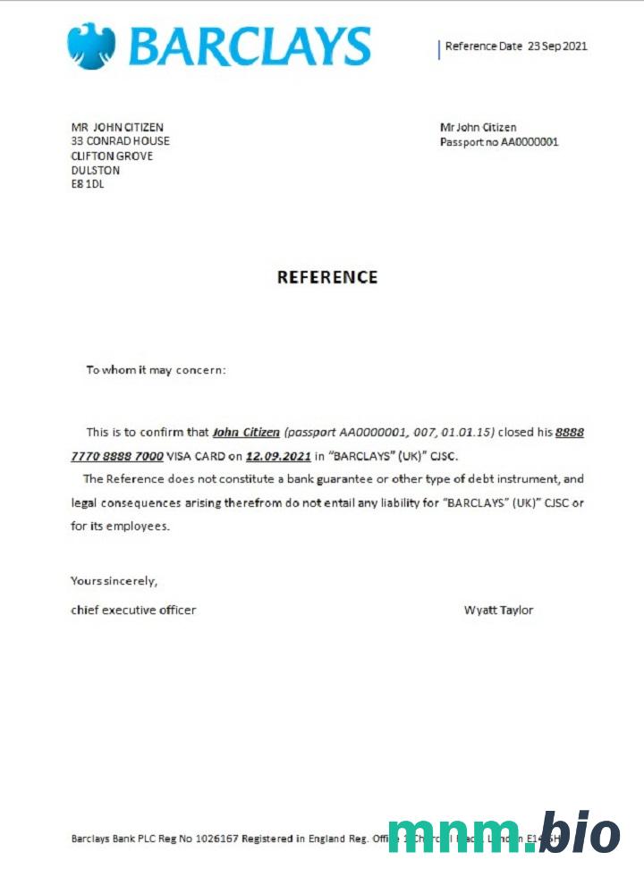 Przykład odniesienia zamknięcia Barclays w Wielkiej Brytanii w formatach Word i PDF